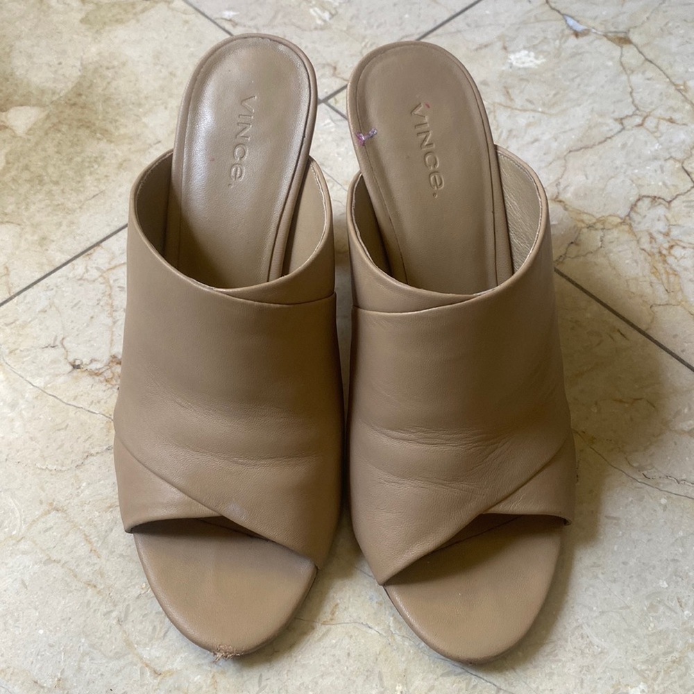 Vince Tan Leather Block Heel Slides